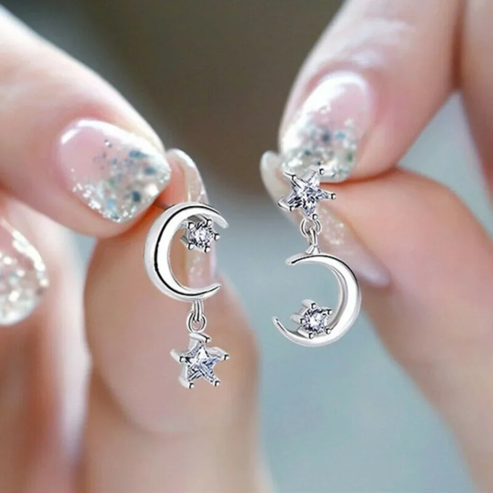 NEW 925 Silver White Sapphire Star & Moon Earrings